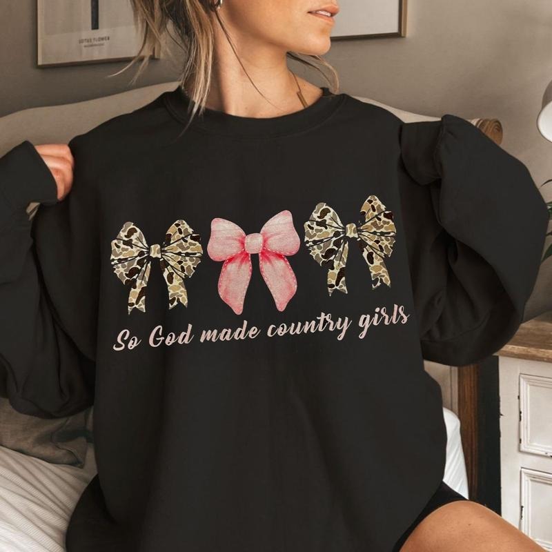 So God Made Country Girls Camo Coquette Bow Tee, Camo Hunting Season Bow Shirt Hoodie, Sweatshirt | UrbanDripWear.com