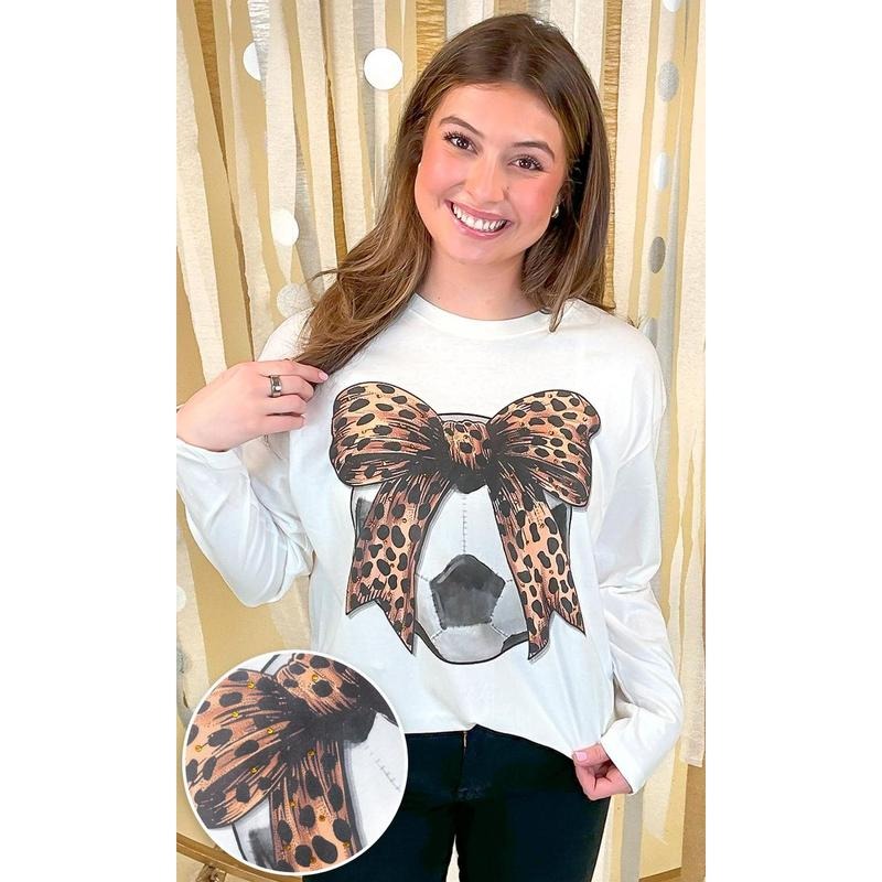 Soccer Cheetah Bow Rhinestone Graphic Long Sleeve Shirt Hoodie, Sweatshirt | UrbanDripWear.com