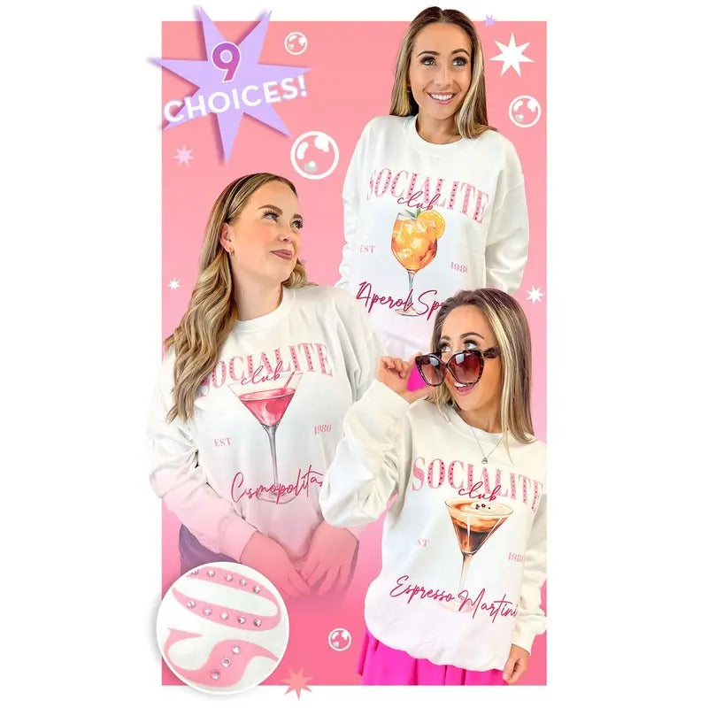 Socialite Custom Drink Club Rhinestone Sweatshirt - Glam Cocktail Vibes #SocialiteClub #SweatshirtStyle #WhiteGlow...