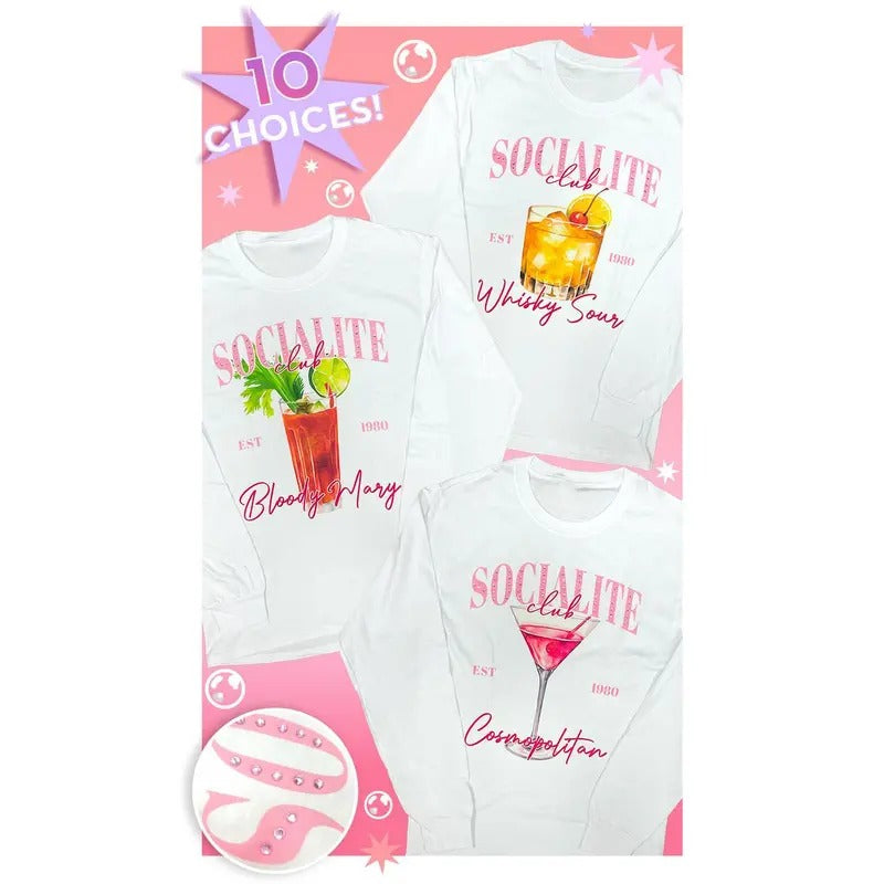 Socialite Drink Club Rhinestone Graphic Long Sleeve T-Shirt Hoodie, Sweatshirt | UrbanDripWear.com