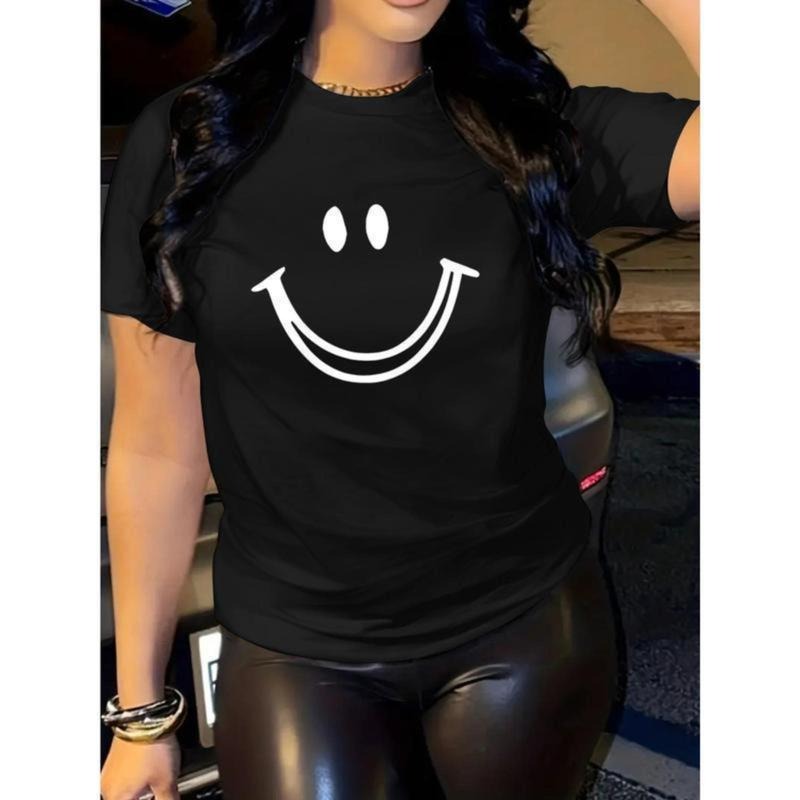 Soft & Comfy Women's joyful Face T-Shirt - 100% Casual Short Sleeve, Crew Neck in Black - Lightweight & Breathable for...
