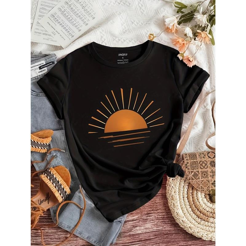 Soft & Stylish Black T-Shirt with Sunset Graphic - Casual Crew Neck, Short Sleeve, Polyester Blend, Machine Washable