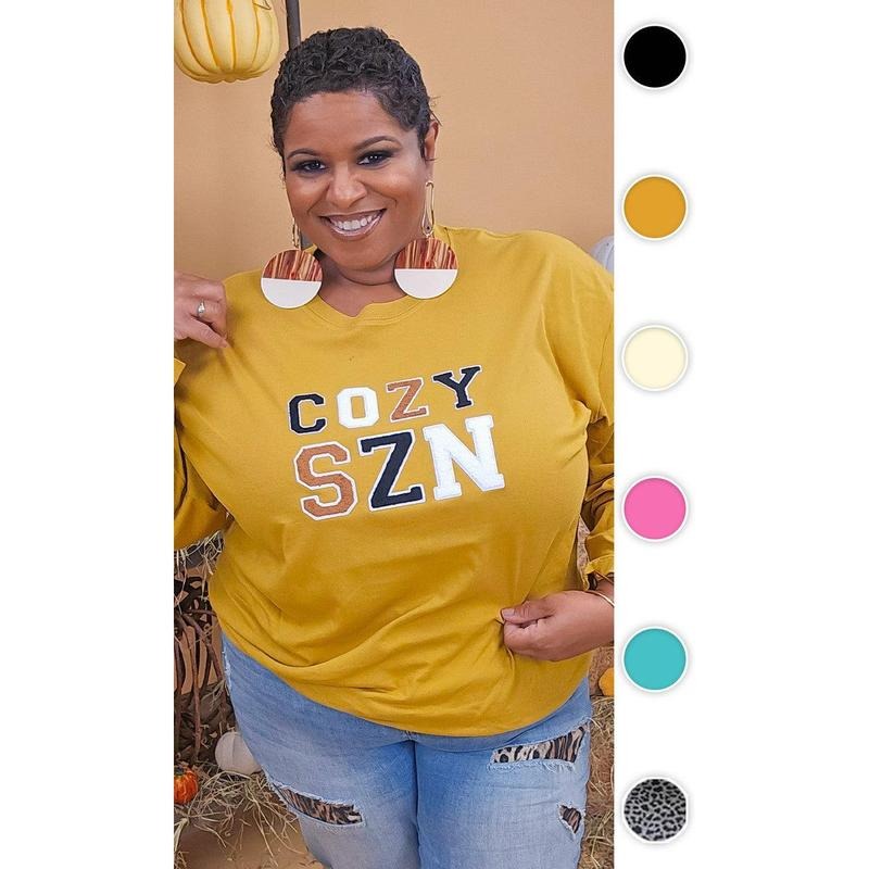 Soft Chenille Cozy SZN Graphic Boyfriend Long Sleeve T-Shirt Hoodie, Sweatshirt | UrbanDripWear.com