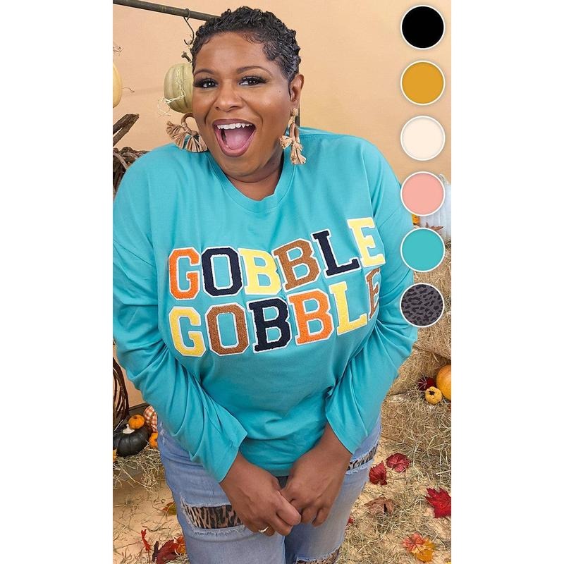 Soft Chenille Gobble Gobble Graphic Boyfriend Long Sleeve T-Shirt Hoodie, Sweatshirt | UrbanDripWear.com