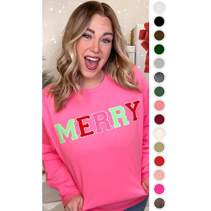 Soft Chenille Merry Graphic Sweatshirt T-Shirts, Hoodie | UrbanDripWear.com