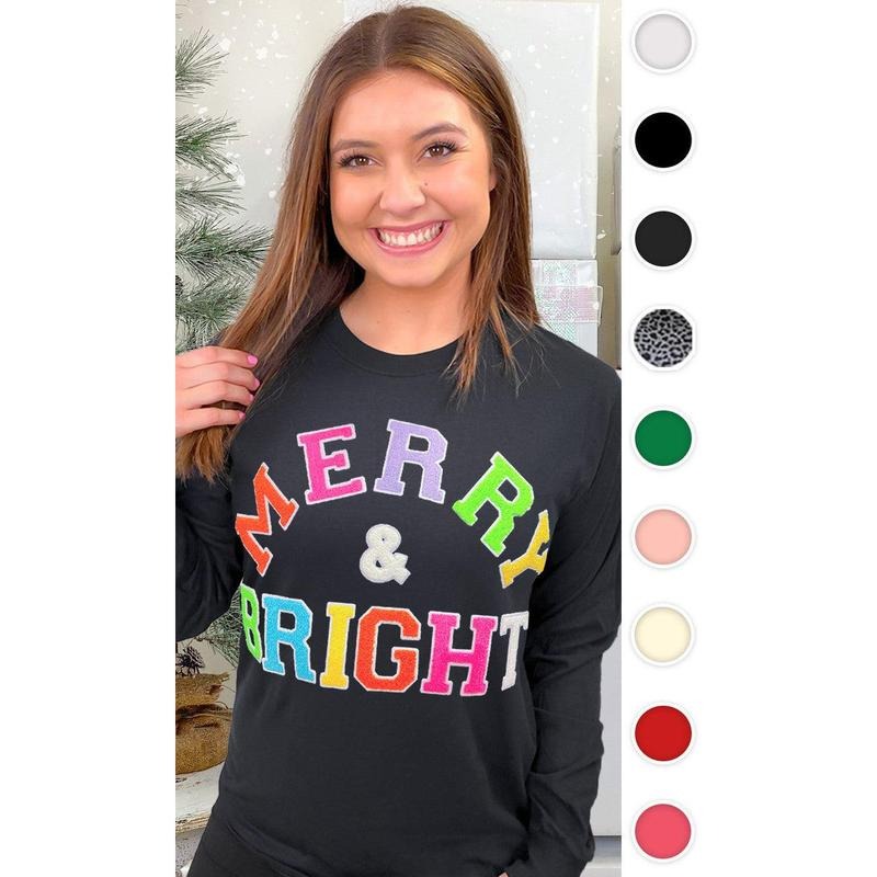 Soft Chenille Merry and Bright Graphic Long Sleeve T-Shirt Hoodie, Sweatshirt | UrbanDripWear.com