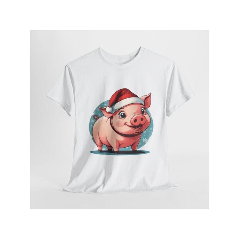 Soft Cotton Christmas Pig Print T-Shirt - Casual Crew Neck,, Machine Washable