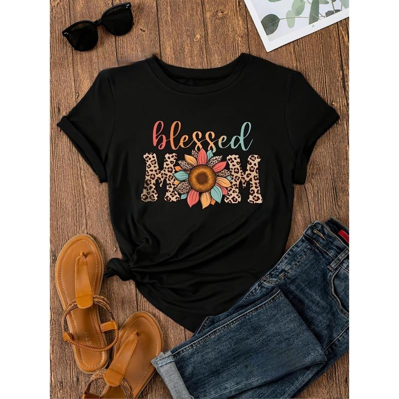 Soft stretch "Blessing Mom" graphic T-shirt - Women's casual short-sleeved T-shirt, machine washable, comfortable for all...
