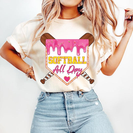 Softball All Day Home Plate Ice Cream Drip, Game Day Coquette, Softball Mama, Mom Tshirt Cotton