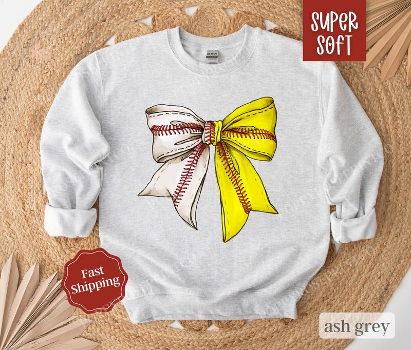 Softball And Baseball Bow Sweatshirt, Game Day Baseball Crewneck, Womens Sweatshirt, Fall Sweater