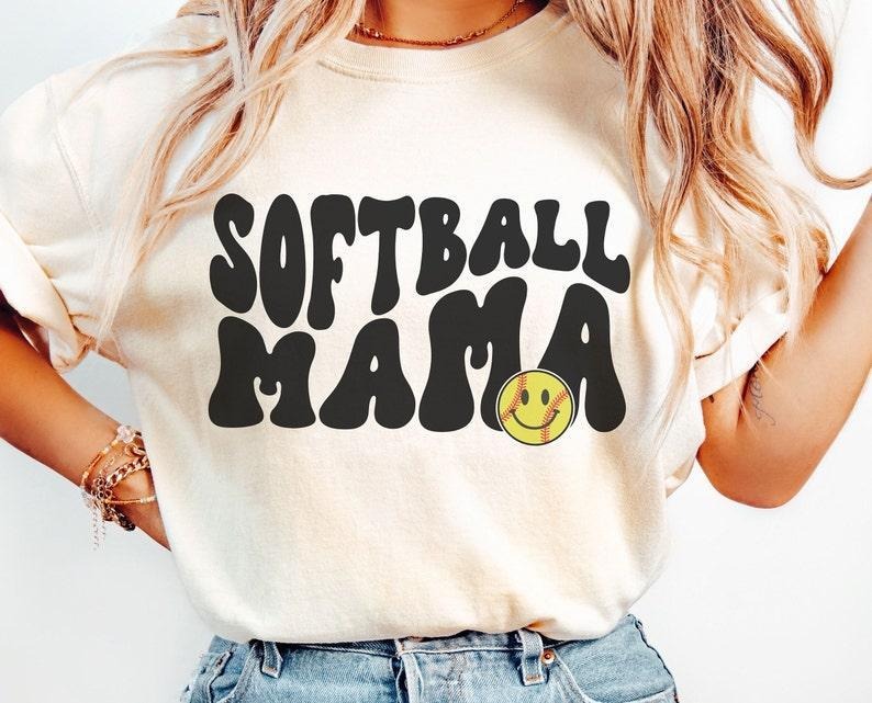 Softball Mama Shirt, Retro Softball Mom Tshirt, Ballpark Game Day T-Shirt, Softball Crewneck, Smiley Happy Face, tshirt...