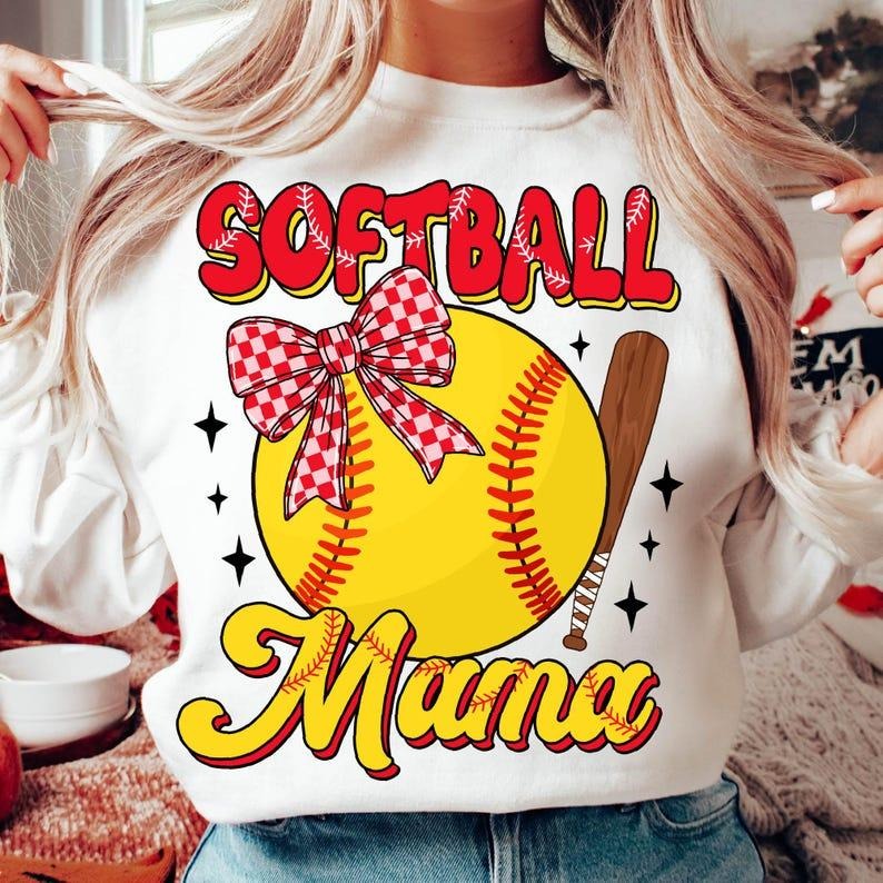 Softball Mama Sweatshirt Retro Softball Coquette Game Day Softball Bow Softball Mom Gift T-Shirts, Hoodie | UrbanDripWear.com
