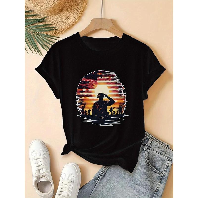 Soldier Silhouette American Flagladies' Short-Sleeved T-Shirts with Unique And Creative Pattern Prints Are Trendy And...