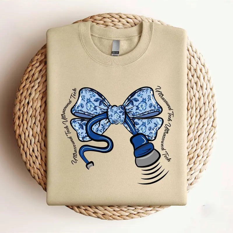 Sonographer Toile Bow Sweatshirt, Stethoscope Bow Shirt, Ultrasound Tech Shirt, Coquette Sonography Tee, Coworker Gift...