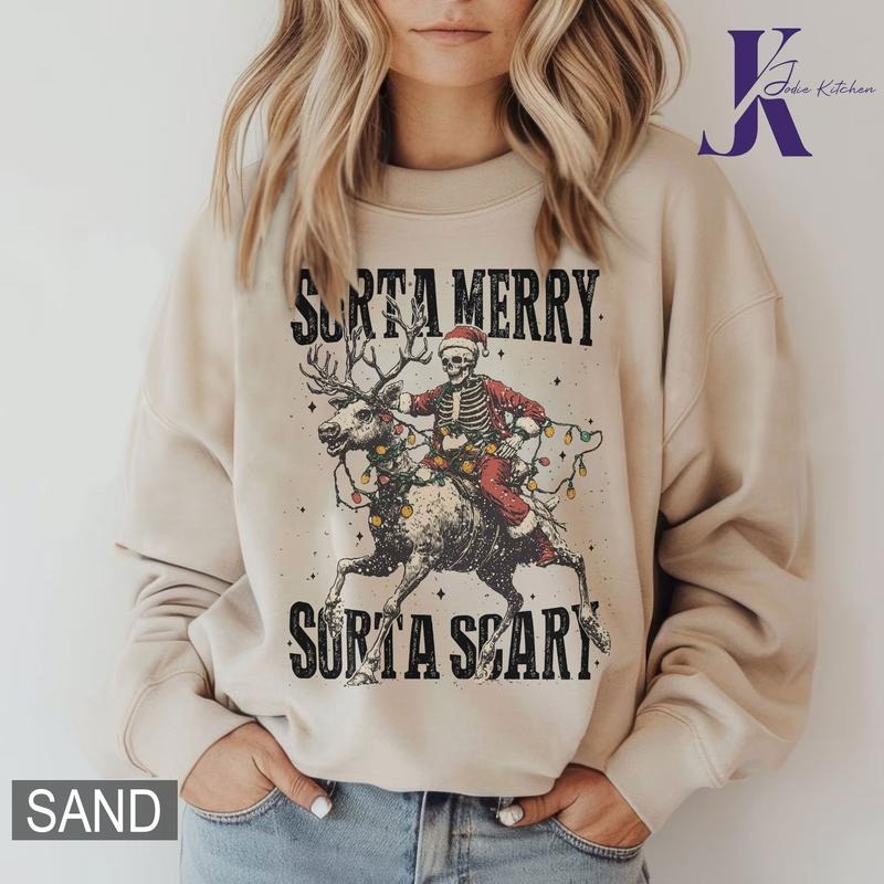 Sorta Merry Sorta Scary Christmas Sweatshirt, Skeleton Christmas Comfort Colors Shirt, Holiday Shirt, Women's Holiday Tee...