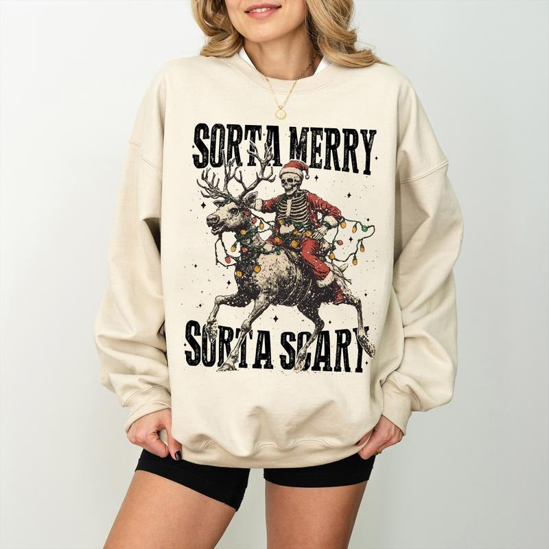 Sorta Merry Sorta Scary Christmas Sweatshirt, Skeleton Xmas Sweater, Holiday Sweatshirt for Women, Spooky Christmas...