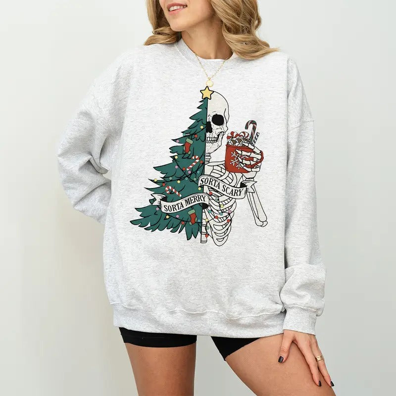 Sorta Merry Sorta Scary Crewneck Sweatshirt, Skeleton Christmas Sweater, Festive Holiday Sweatshirt, Funny Xmas Shirt,...