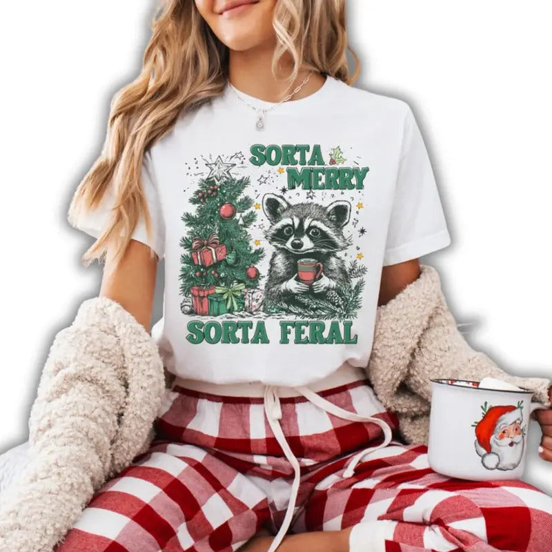Sorta merry sorta feral racoon T-shirt, Funny Christmas Season sweatshirt Hoodie | UrbanDripWear.com