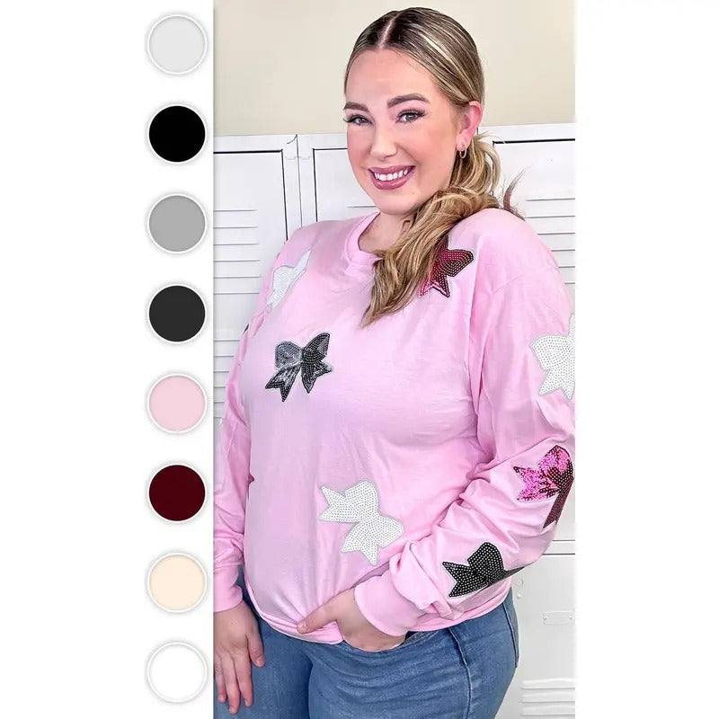 Sparkle Sequin Bow Graphic Long Sleeve T-Shirt Hoodie, Sweatshirt | UrbanDripWear.com