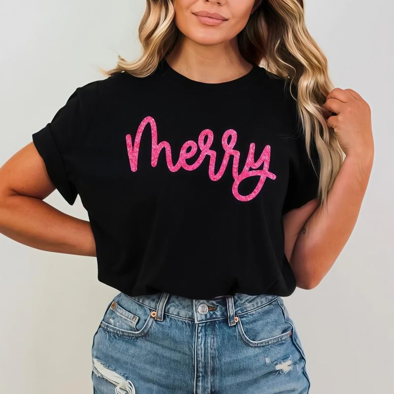 Sparkly Glitter Merry Christmas T-Shirt: Holiday Shirts for Women Festive Hoodie, Sweatshirt | UrbanDripWear.com