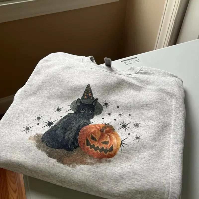 Spooky Cat Crewneck Sweatshirt, Halloween Trendy Sweatshirt, Gifts For All T-Shirts, Hoodie | UrbanDripWear.com