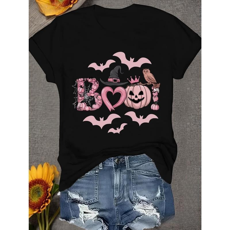 Spooky Chic Tee for Halloween Adorable BOO Graphic with Bat and Pumpkin Elements Cotton Shirt Women's Top All Seasons...