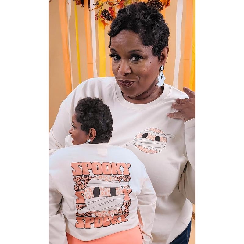 Spooky Leopard Smiley Graphic Boyfriend Long Sleeve T-Shirt Hoodie, Sweatshirt | UrbanDripWear.com