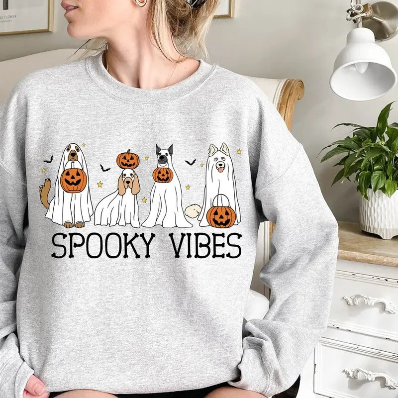 Spooky Vibes Sweatshirt, Сute Ghost Dog Halloween Hoodie, Ghost Halloween Hoodie, Halloween Party Shirt Cotton Womenswear