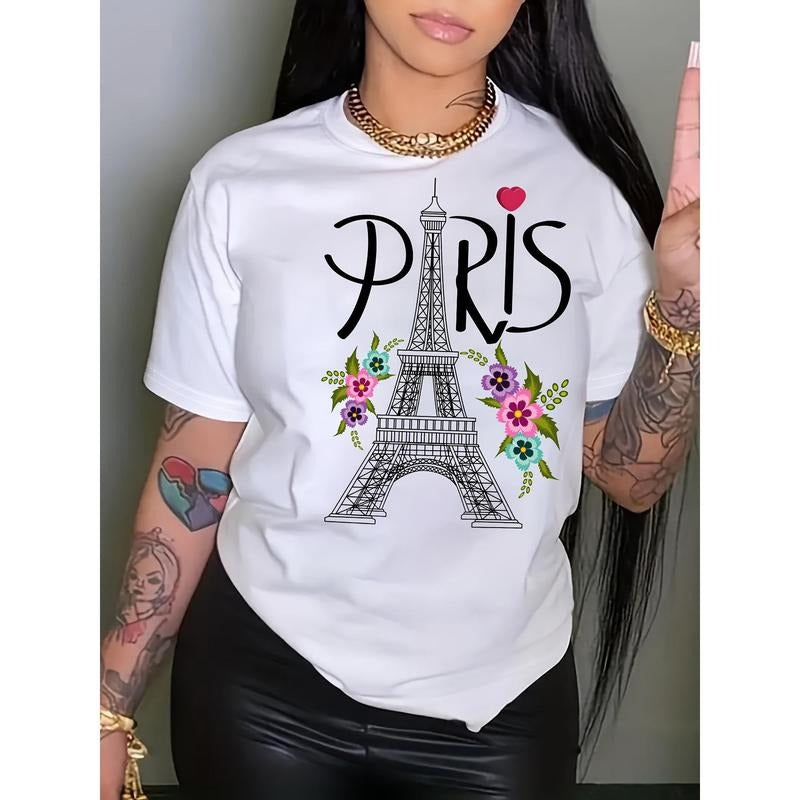 Summer/ Spring women's clothing, Paris Eiffel Tower printed T-shirt, short-sleeved crew neck casual top Hoodie, Sweatshirt