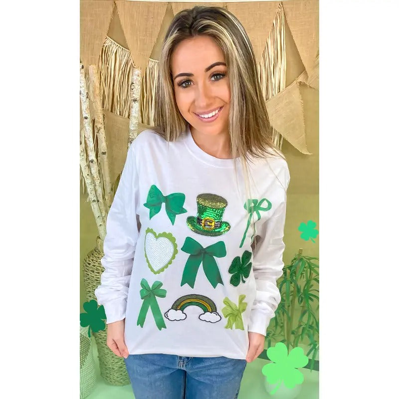 St Patricks Day Sequin Bows Graphic Long Sleeve T-Shirt Hoodie, Sweatshirt | UrbanDripWear.com