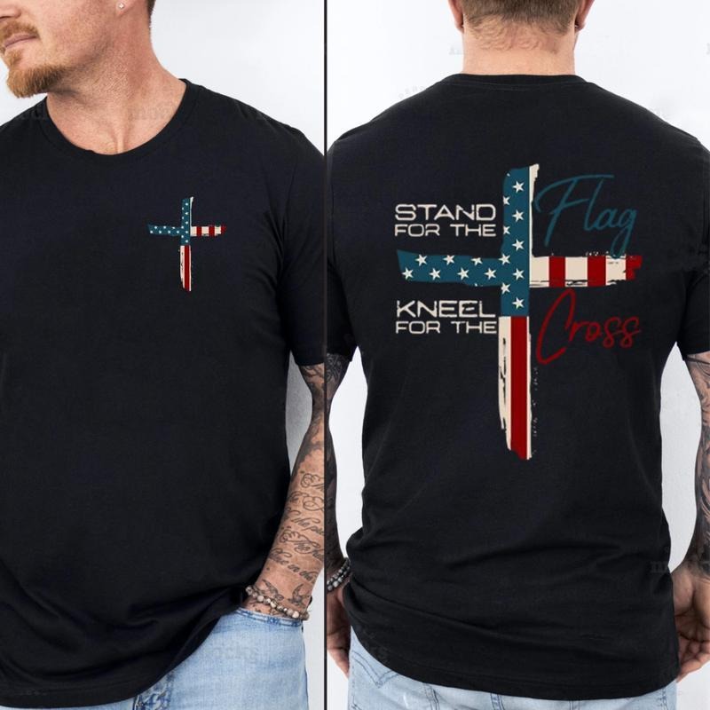 Stand For The Flag Kneel For The Cross 4th Of July 2 Sided T-Shirt, Graphic Tees for Women Cotton Fabric Casual Crew Neck...