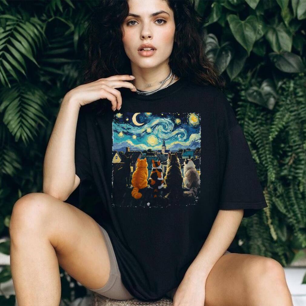 Starry Night Cats On A Roof Van Gogh Art Parody Feline T Shirt