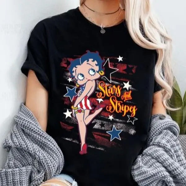 Stars And Stripes Shirt, Betty Boop Tee Shirt, Theme Graphic T-Shirt, Betty Boop Sweatshirt, Gift For Her Hoodie