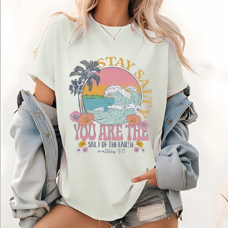 Stay Salty Christian T Shirt, Summer Beach Salty Pattern Tops, Bible Verse Short Sleeve Shirts, Jesus Shirt, Beach Tee,...
