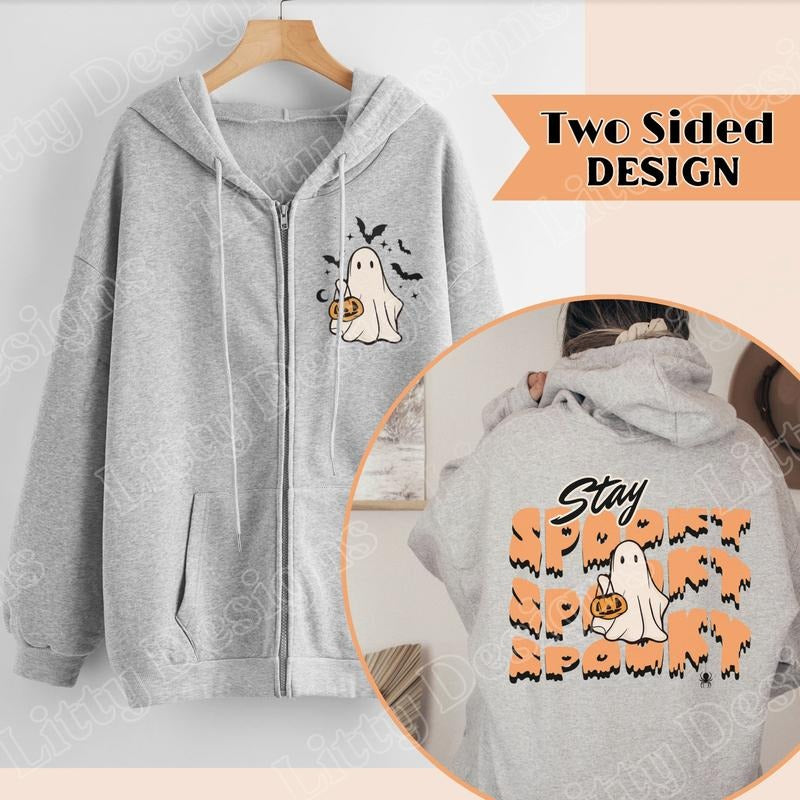 Stay Spooky Sweatshirt for Fall, Cute Ghost Halloween Zip Up Hoodie, Front and Back Design with Two Color Options,  Fall...