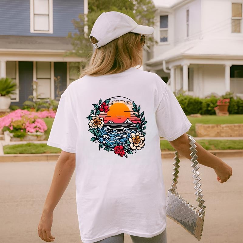 Step into Vacation Vibes! This women's T - shirt features a retro - inspired sunset and ocean graphic, perfect for...