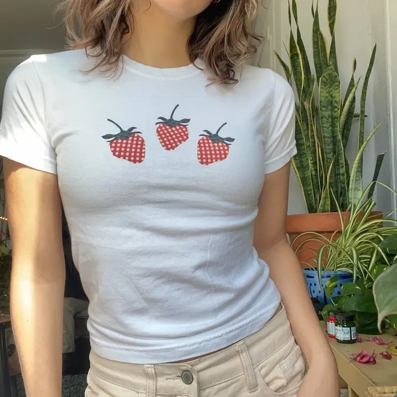 Strawberry Baby Tee, Gingham Fruity Girl Tee, Tomato Girl Vibes, Pinterest Aesthetic Baby Tee, Coquette Tshirt,...