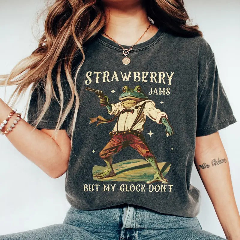 Strawberry Jams But My Glock Don't Shirt , Funny Frog Shirt, Funny Meme Shirt, Gift for Her, Gift for Him Hoodie, Sweatshirt