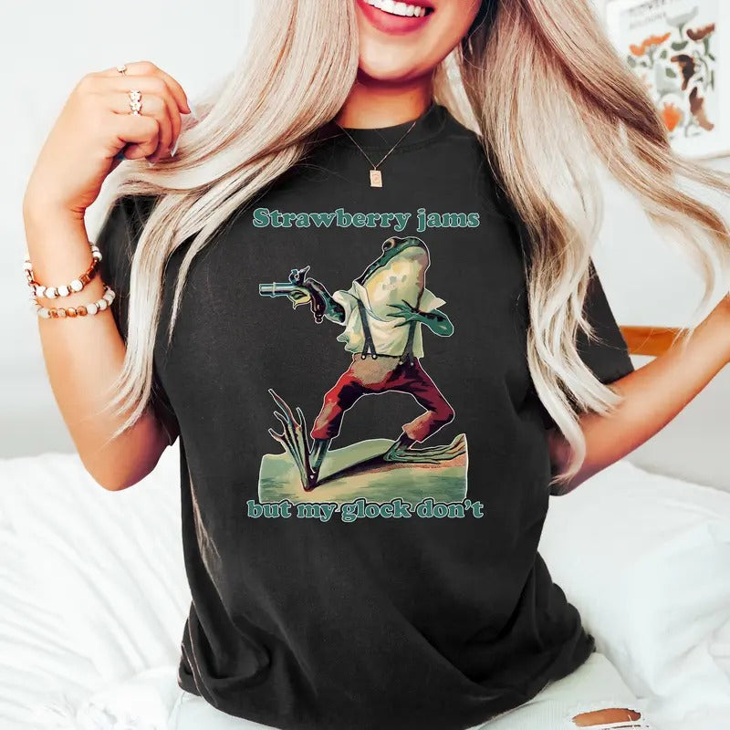 Strawberry Jams But My Glock Don't T-Shirt , Funny Frog T-Shirt, Funny Meme T-Shirt Hoodie, Sweatshirt | UrbanDripWear.com
