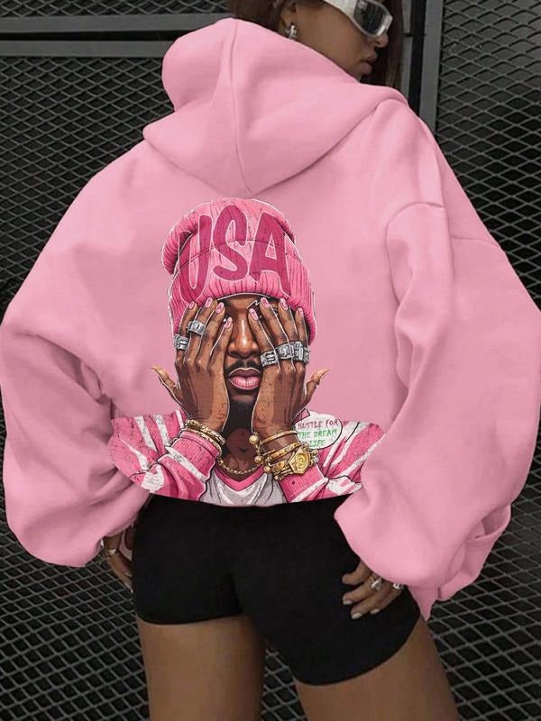 Street Style Hip Hop Graphic Hoodie for Women, Loose-Fit Casual Sweatshirt, Fall & Winter Thicken Fabric, Letter Print...