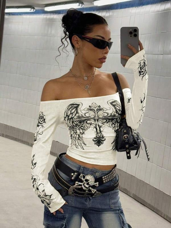 StreetHx Women's Streetwear Heart Print Open Shoulder Long Sleeve T-Shirt Fall Cloth For Women Hoodie, Sweatshirt