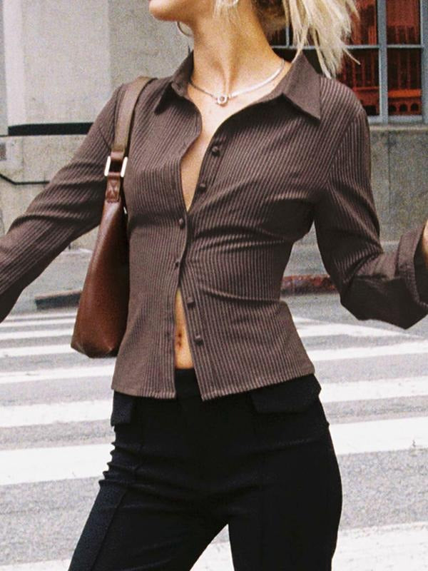 Striped Button Front Flounce Sleeve Shirt, Casual Daily Commuting Versatile Top, Women's Fashion Clothing for Spring &...