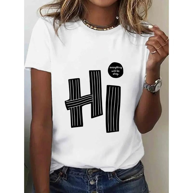 Striped Letter Pattern Printed T-Shirt, Spring And Summer Round Neck Short Sleeved Women'S T-Shirt, Pure Breathable...