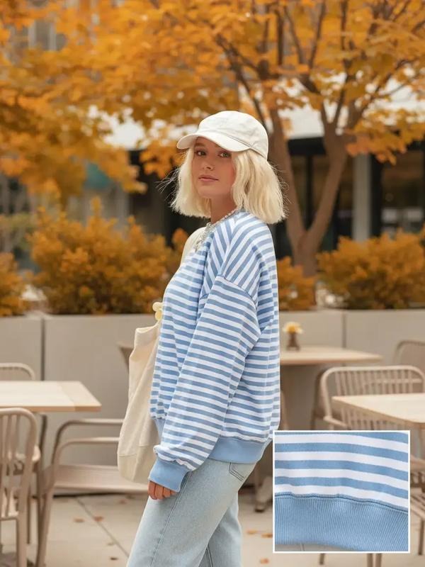 Striped Ribbed Patchwork Long Sleeve Sweatshirt, Fresh Fall Winter Basic Versatile Top, Comfortable Casual Wear for Women...