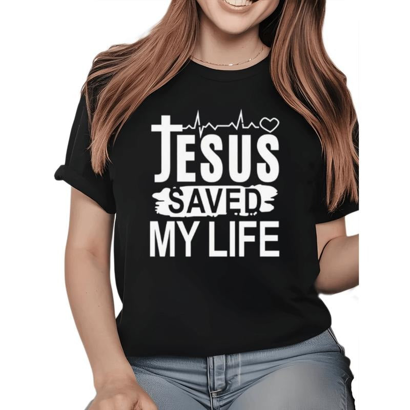 Stylish Black T - Shirt with 'Jesus Saved My Life' Print