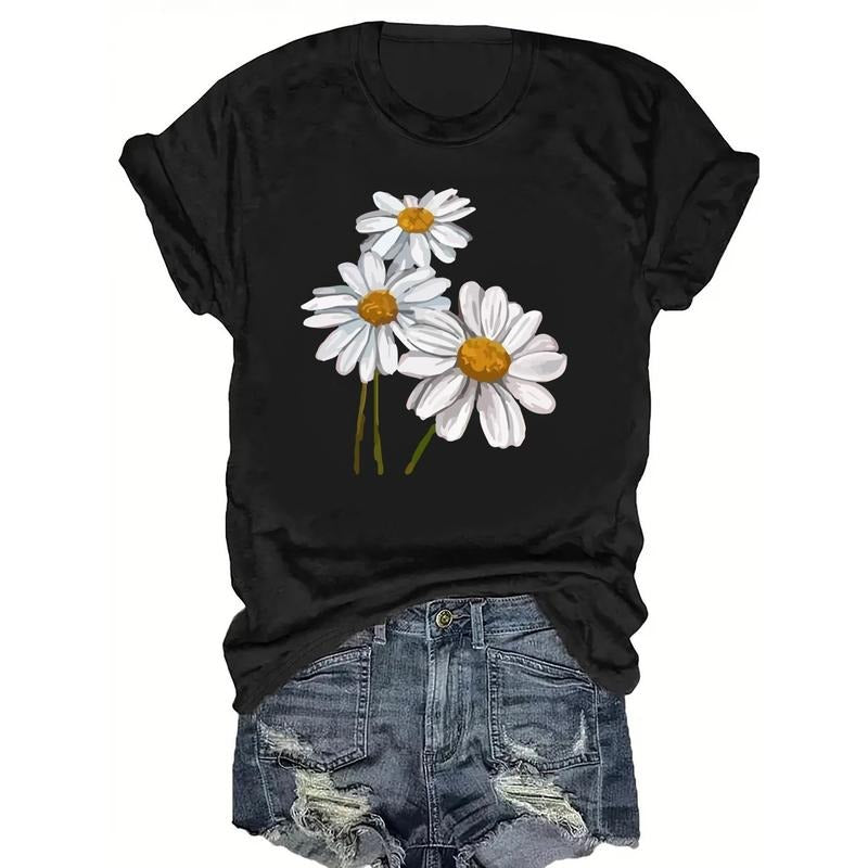 Stylish Daisy T-Shirt Three Small Daisy Printed Short-Sleeve T-Shirt- Casual Women'S Top Hoodie, Sweatshirt