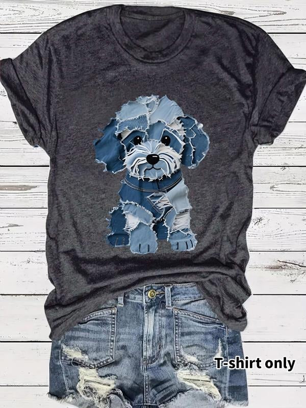 Stylish Retro Dog Print Women's Casual Summer T-Shirt, Comfortable Breathable Fitted Round Neck Short Sleeve Top,...