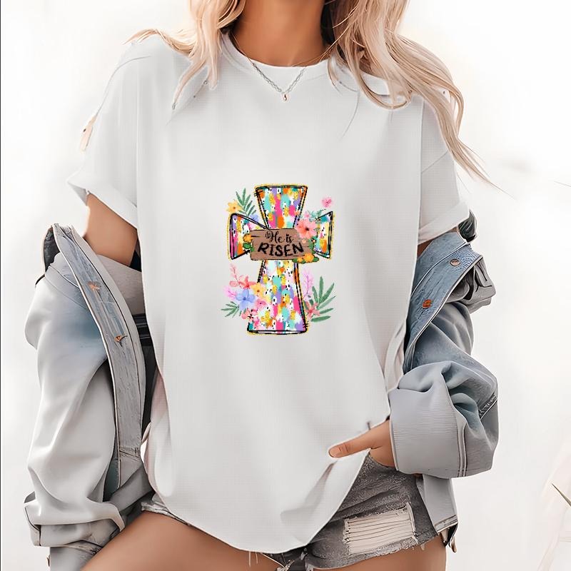 Stylish Women's T - Shirt with Colorful Cross and "He is Risen" Easter - themed Design Hoodie, Sweatshirt | UrbanDripWear.com