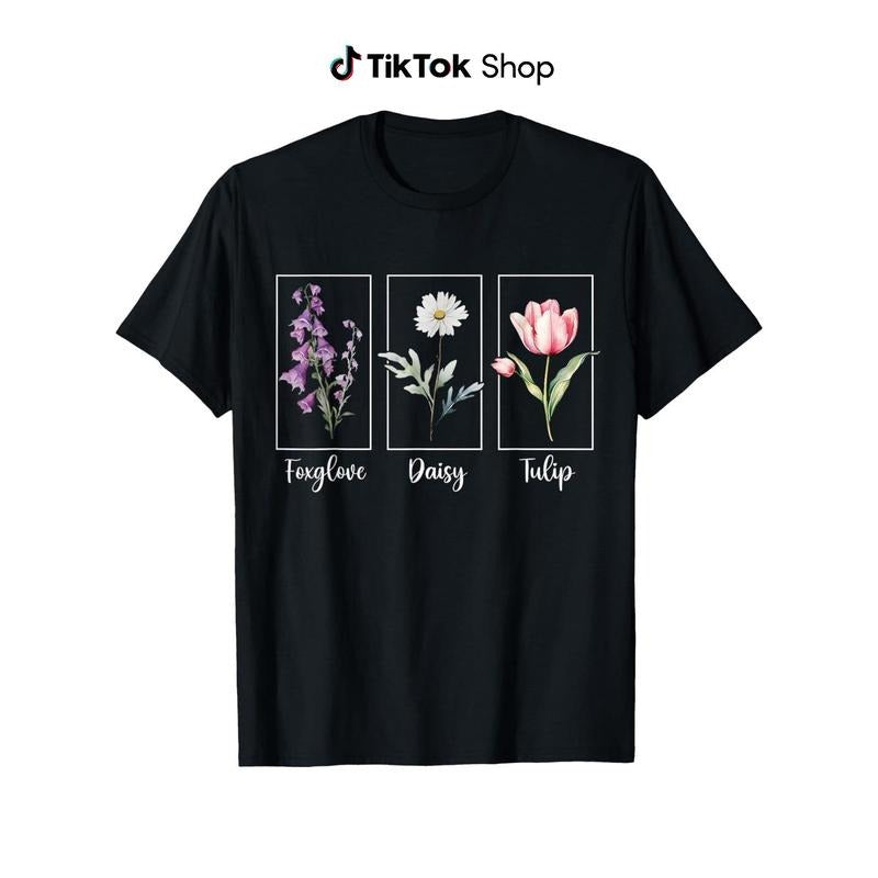 Subtle Floral Foxglove Daisy Tulip Flowers Women T-Shirt, Casual Short Sleeve Crew Neck Tee, 100% Cotton, Super Soft,...