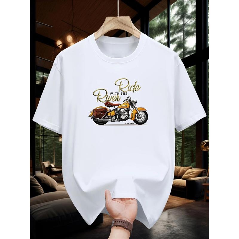 Summer 100 Cotton Fashionable Casual Loose  Motorcycle Pattern Printed Round Neck Short Sleeve T-shirt Hoodie, Sweatshirt